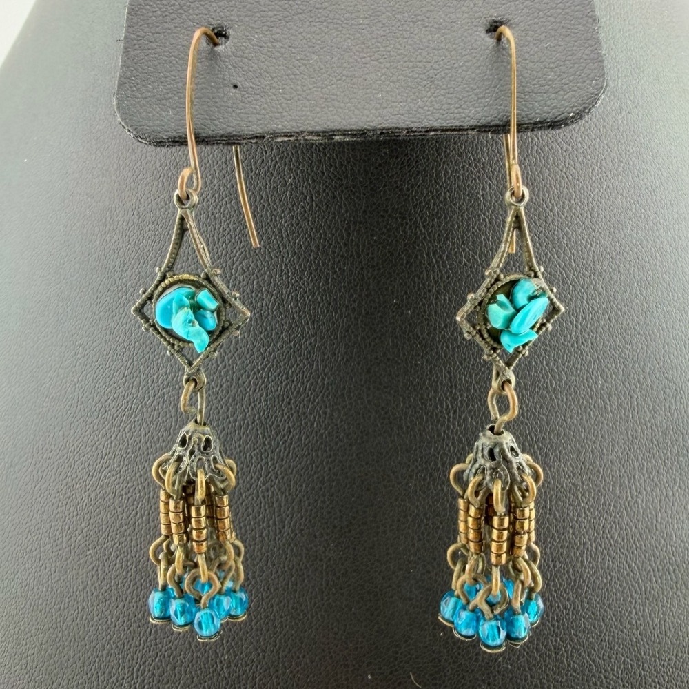 Turquoise Teal Antique Brass Tassel Drop Earrings